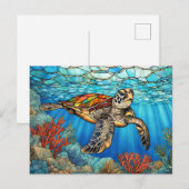 Glas in lood Zee schildpad zwemmen, koraal Briefkaart (Voorkant / Achterkant)