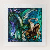 Glas in lood zeemeermin bewondert een bloemetje legpuzzel (Horizontaal)