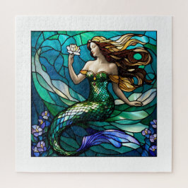Glas in lood zeemeermin bewondert een bloemetje legpuzzel