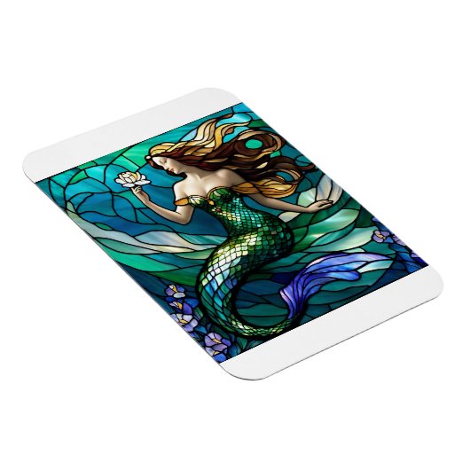 Glas in lood zeemeermin bewondert een bloemetje magneet (Rechterzijde)