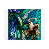 Glas in lood zeemeermin bewondert een bloemetje magneet (Horizontaal)