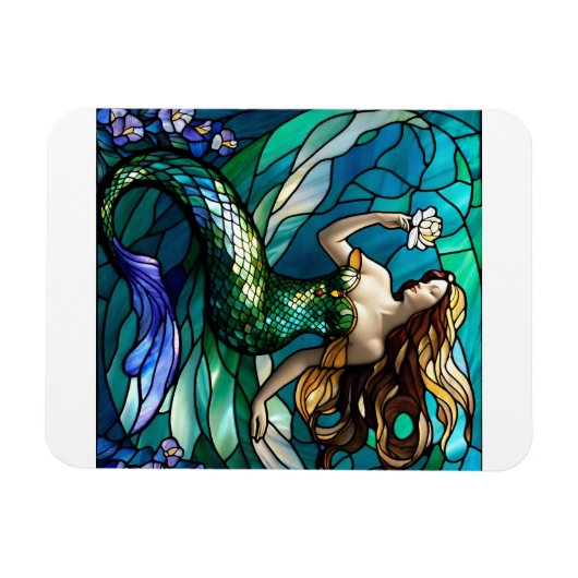 Glas in lood zeemeermin bewondert een bloemetje magneet (Horizontaal)