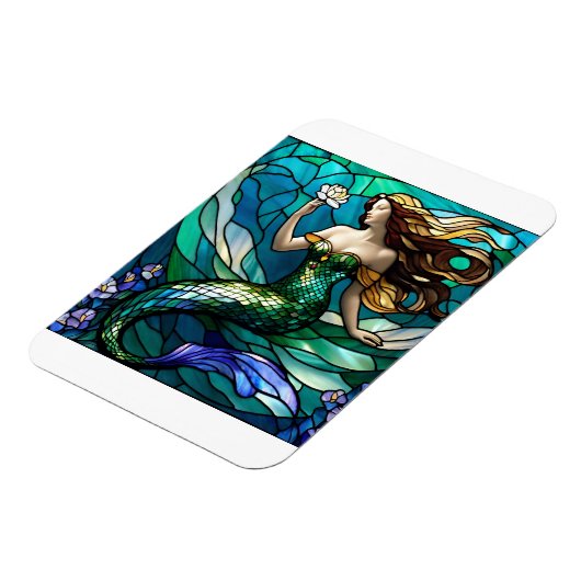 Glas in lood zeemeermin bewondert een bloemetje magneet (Linkerzijde)