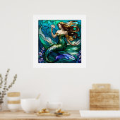 Glas in lood zeemeermin bewondert een bloemetje poster (Keuken)