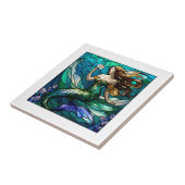 Glas in lood zeemeermin bewondert een bloemetje tegeltje (Zijkant)