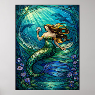 Glas-in-lood Zeemeermin Wandkunst Poster