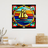 Glas in lood zeilschip bij zonsondergang poster (Keuken)