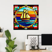Glas in lood zeilschip bij zonsondergang poster (Thuiskantoor)