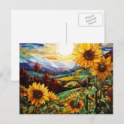 Glas in lood Zonnebloemen Bergen zonsondergang Briefkaart (Voorkant / Achterkant)