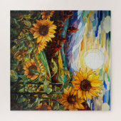 Glas in lood Zonnebloemen Veld Zonsondergang Berge Legpuzzel (Horizontaal)