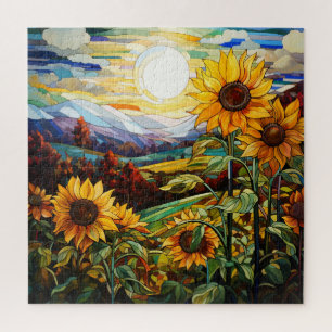 Glas in lood Zonnebloemen Veld Zonsondergang Berge Legpuzzel