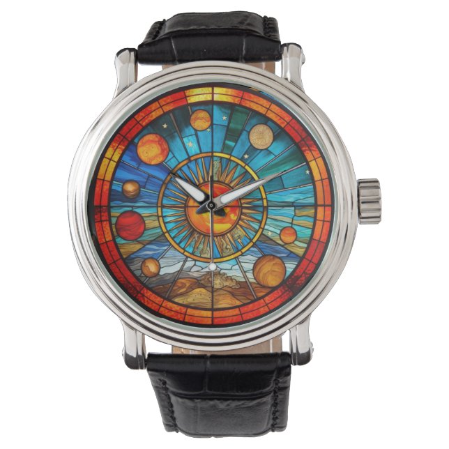 Glas in lood zonnestelsel horloge (Voorkant)