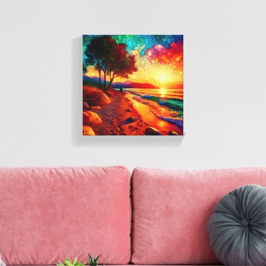 Glas in lood zonsondergang scène canvas afdruk (Insitu (Woonkamer))