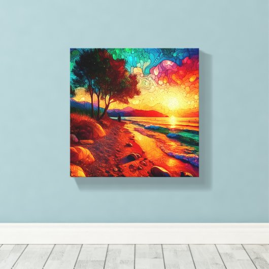 Glas in lood zonsondergang scène canvas afdruk (Insitu (Houten vloer))