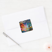 Glas in lood zonsondergang vierkante sticker (Envelop)