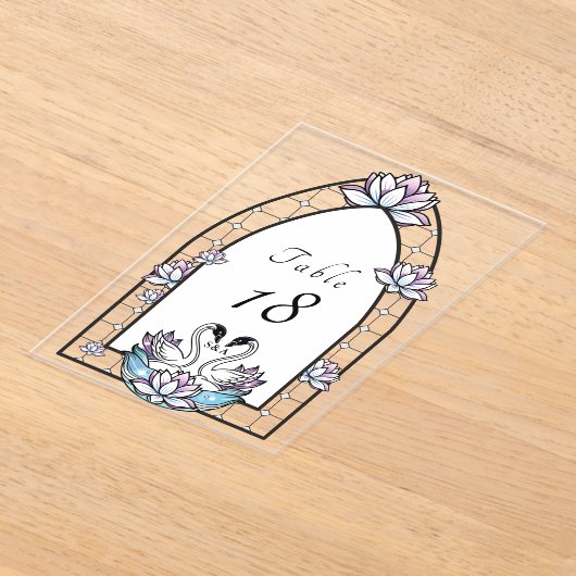 Glas in lood Zwaan Water Lily Trouwtafel Nummer Acryl Uitnodigingen (Laagn)