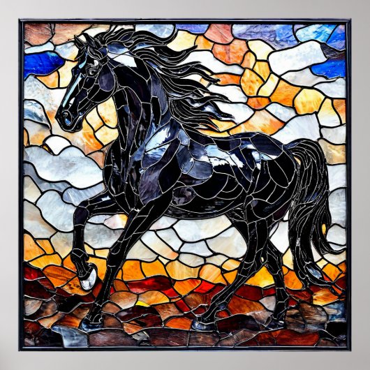 Glas in lood zwart paard poster (Voorkant)