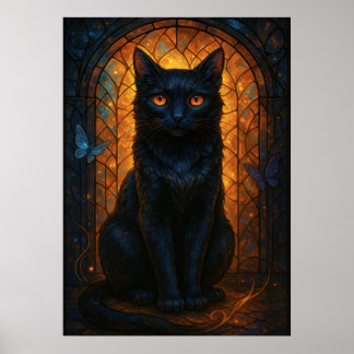 Glas in lood Zwarte Kat Fantasy Kunstwerk Poster