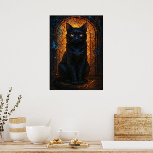 Glas in lood Zwarte Kat Fantasy Kunstwerk Poster (Keuken)