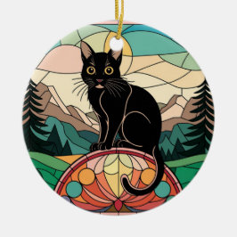 Glas in lood, Zwarte Kat Kleurrijk Glas in lood Keramisch Ornament