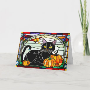 Glas-in-lood Zwarte Kat met Pompoenen Feestdagen Kaart