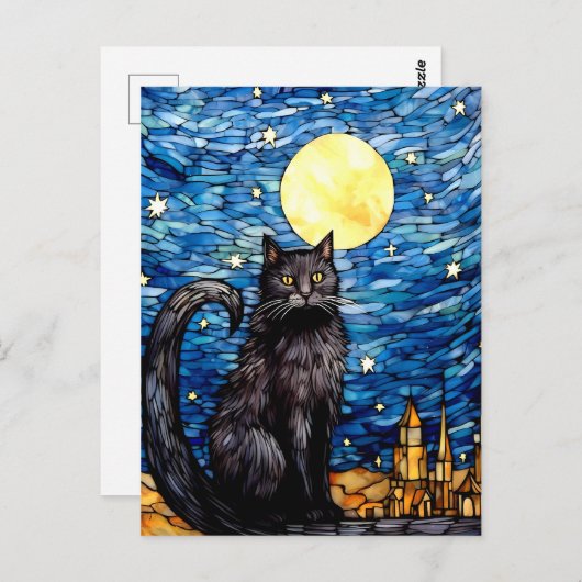 Glas in lood zwarte kat Sterrennacht Briefkaart (Voorkant / Achterkant)