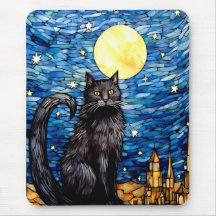 Glas in lood zwarte kat Sterrennacht