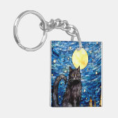 Glas in lood zwarte kat Sterrennacht Sleutelhanger (Voorkant Links)