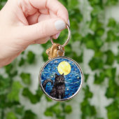 Glas in lood zwarte kat Sterrennacht Sleutelhanger (Hand)