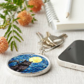 Glas in lood zwarte kat Sterrennacht Sleutelhanger (Zijkant)