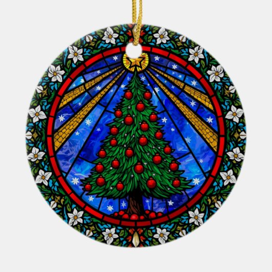 Glas-in-loodboom & bloemrand keramisch ornament (Voorkant)