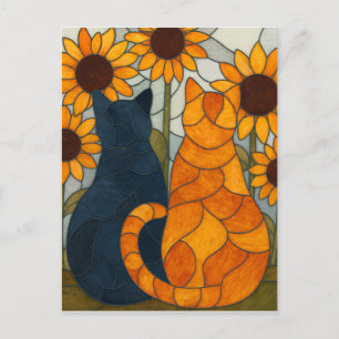 Glas-in-loodkatten en zonnebloemen kunstontwerp briefkaart