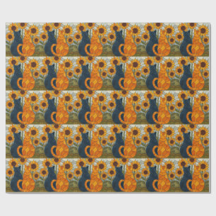 Glas-in-loodkatten en zonnebloemen kunstontwerp cadeaupapier