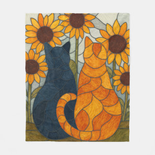 Glas-in-loodkatten en zonnebloemen kunstontwerp fleece deken