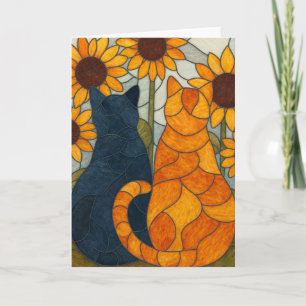 Glas-in-loodkatten en zonnebloemen kunstontwerp kaart