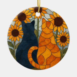Glas-in-loodkatten en zonnebloemen kunstontwerp keramisch ornament