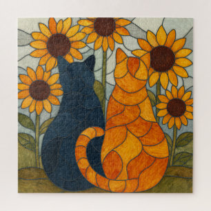 Glas-in-loodkatten en zonnebloemen kunstontwerp legpuzzel