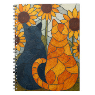 Glas-in-loodkatten en zonnebloemen kunstontwerp notitieboek