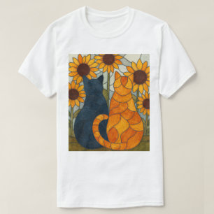 Glas-in-loodkatten en zonnebloemen kunstontwerp t-shirt