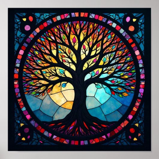 Glas-in-loodkunst, Boom des Levens Glas-in-lood  Poster (Voorkant)