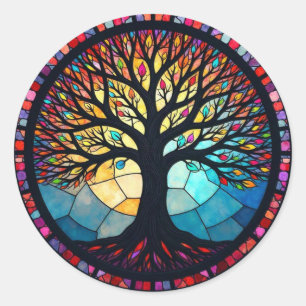 Glas-in-loodkunst, Boom des Levens Glas-in-lood Ronde Sticker