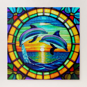 Glas-in-loodkunst met dolfijnen die opspringen bij legpuzzel