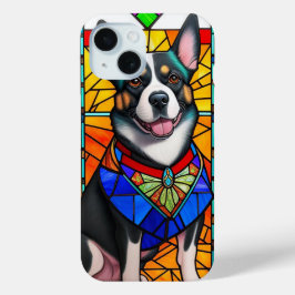 Glas-in-loodkunst met een portret van een hond iPhone 15 case