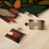 Glas-in-loodkunst met springende dolfijnen bij zon legpuzzel (Zijkant)
