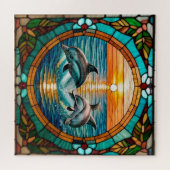 Glas-in-loodkunst met springende dolfijnen bij zon legpuzzel (Horizontaal)