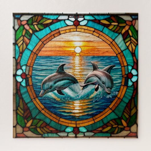 Glas-in-loodkunst met springende dolfijnen bij zon legpuzzel (Verticaal)