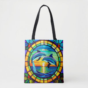 Glas-in-loodkunst met springende dolfijnen bij zon tote bag