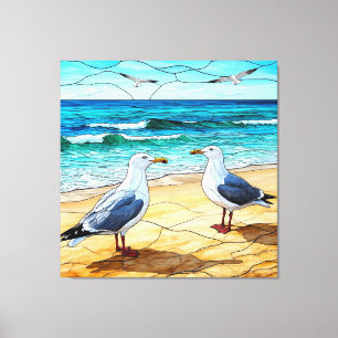 Glas-in-loodkunstwerk van meeuwen op een strand canvas afdruk