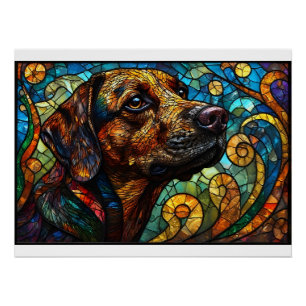 Glas-in-loodmozaïek van een hond met levendige kle perfect poster
