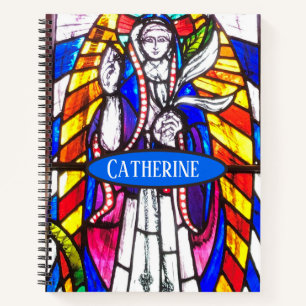 Glas-in-loodontwerp met religieuze figuur. notitieboek